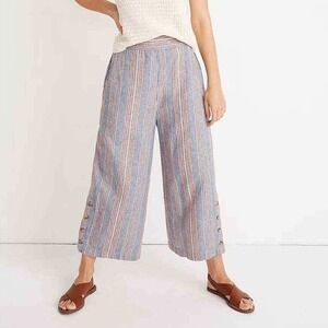 Madewell Striped Wide Leg Crop Pants Women XXS Blue Linen Cotton Button Hem